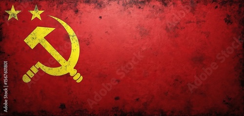 Retro Soviet Union flag with hammer, sickle, and stars. Red fabric texture, worn look, communist symbolism. Ideal for historical, political, or retro-themed projects.