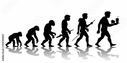 Evolution of Modern Diet: A striking depiction of human evolution, culminating in the modern individual bearing fast food. A thought-provoking commentary on contemporary lifestyle.