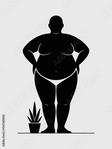 Body Positivity Silhouette: A bold silhouette of a plus-size woman stands confidently, exuding self-acceptance and body positivity. A small potted plant adds a touch of serenity to the scene. 
