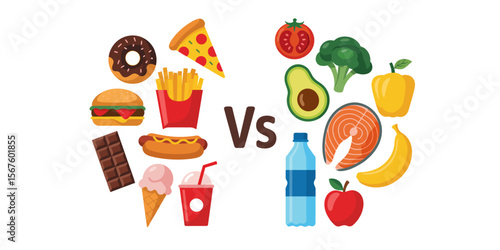 Nutrition Showdown: A vibrant illustrated composition, artfully pitting healthy food against less nutritious options in a visually engaging comparison of dietary choices.