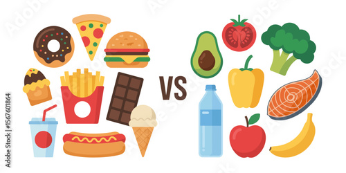 Healthy eating vs. unhealthy eating: A visual food comparison: Illustrative food comparison showcasing the contrast between healthy, nutritious options and less nutritious choices.