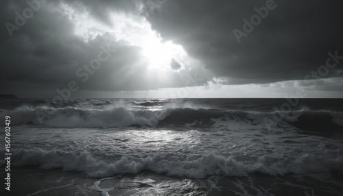 Monochrome seascape captures dramatic ocean waves under stormy sky. Sunlight breaks through dark clouds, illuminating rough, textured water. Moody, minimalist composition conveys raw power, ominous