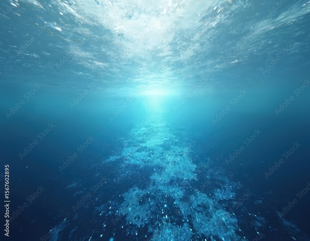 Fototapeta premium Tranquil underwater abstract data flow ocean landscape. Serene blue sea with light rays penetrating depths. Visualizes digital information, programming, and aquatic system harmony.