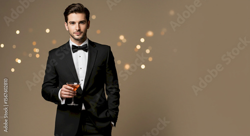 Elegant man in tuxedo holding a cocktail glass with sparkles  