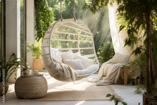 Cozy Hanging Chair in Sunlit Indoor Garden Room

