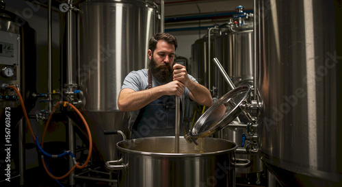 Man brewing beer in brewery using large stainless steel equipment  