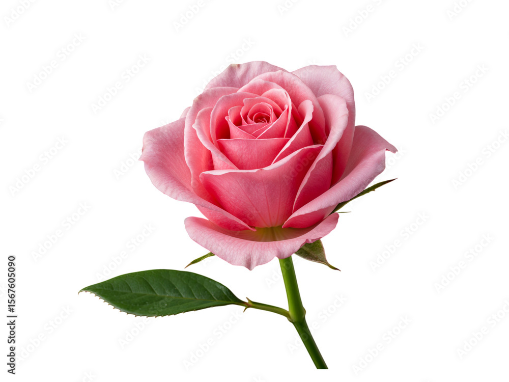 Obraz premium Delicate pink rose with a green stem and leaf isolated on transparent background