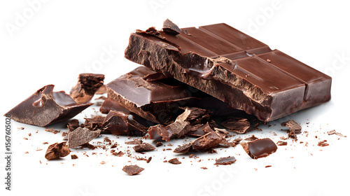 A chocolate bar is cut in half and has chocolate chips on the ground