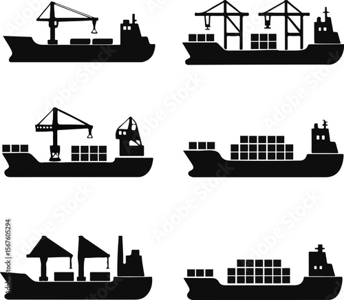 Cargo Ship Silhouettes Set – Container and Freight Vessel Vector Icons


