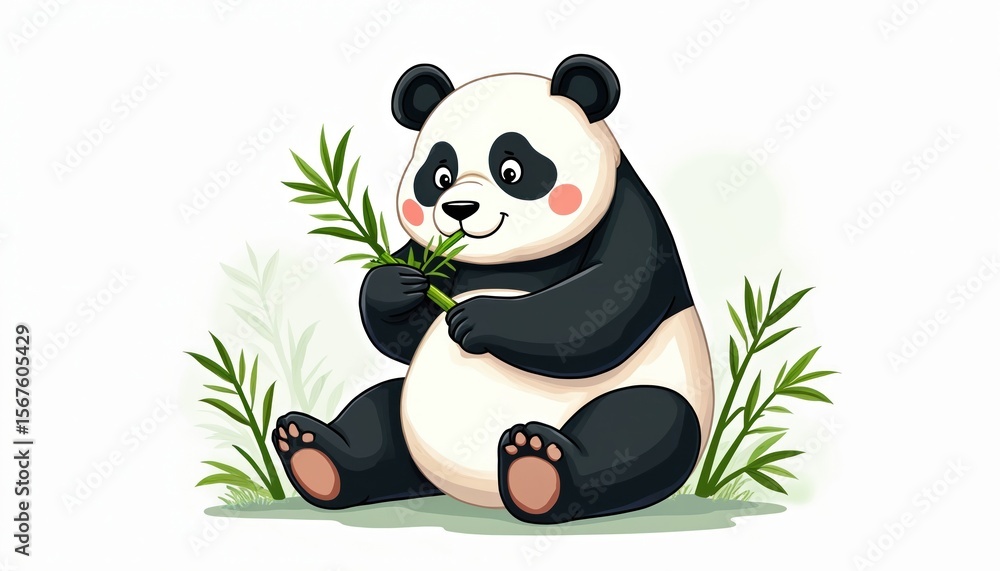 Naklejka premium Chubby giant panda illustration sits peacefully, munching on fresh bamboo stalks. Cute cartoon panda with calm expression isolated on clean white background, surrounded by subtle green foliage,