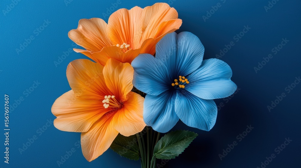 Fototapeta premium three orange and blue flowers on a blue background