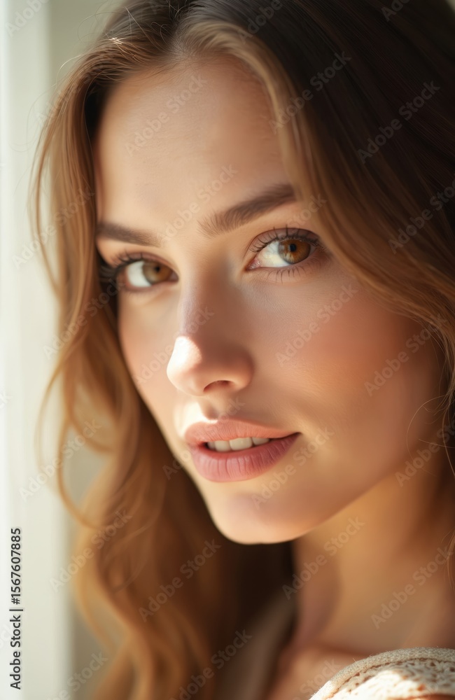 Fototapeta premium Close-up studio portrait of young woman with warm sunlight illuminating face. Subtle makeup, smooth skin, delicate features create elegant, serene beauty. Captivating brown eyes, soft wavy blonde