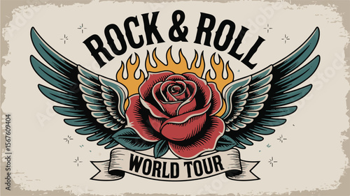 Vintage Rock & Roll Rose with Wings and Flames World Tour Design