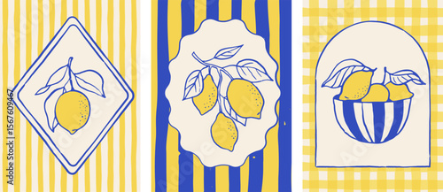 Vintage summer designs with lemon illustrations and seamless patterns.