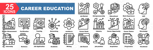 Career Education icon collection set.Job Market,Entrepreneurship,Educational,Work Experience,skill,Career Advancement,Certification.Simple line vector.