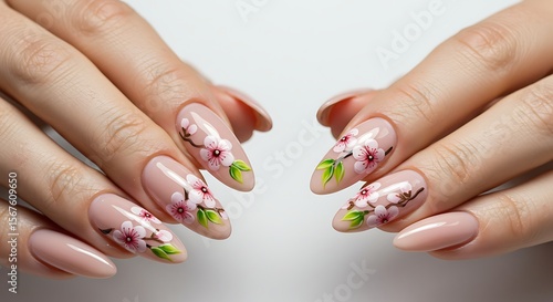 Elegant Almond Nails with Delicate Cherry Blossom Nail Art Design