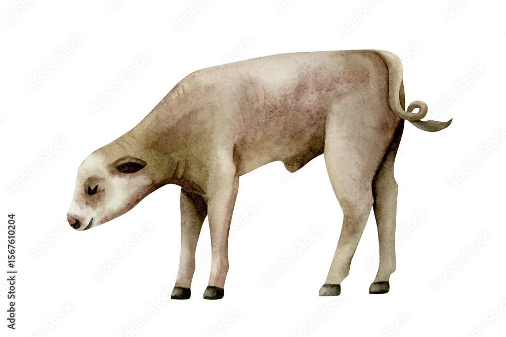 Fototapeta premium Young cow calf watercolor illustration isolated on white. Dairy farm baby animal clip art in realistic style for village and countryside designs. Hand drawn livestock sketch. Brown domestic pet
