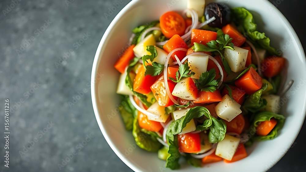 A fresh vegetable salad in a white bowl, garnished with herbs and captured from a top-down view. A fresh vegetable salad in a white bowl, garnished with herbs and captured from a top-down view.
