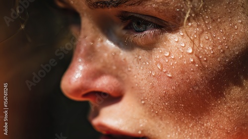 Wallpaper Mural Close-up side profile of a sweaty person under natural sunlight, detailed skin texture and sweat droplets symbolizing intense summer heat and outdoor discomfort Torontodigital.ca