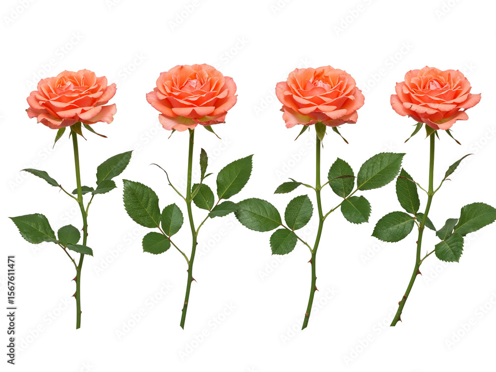 Obraz premium Four delicate peach roses with green stems and leaves isolated on transparent background