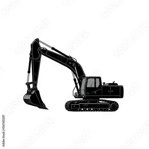 Silhouette of a large, heavy-duty excavator on a white background.