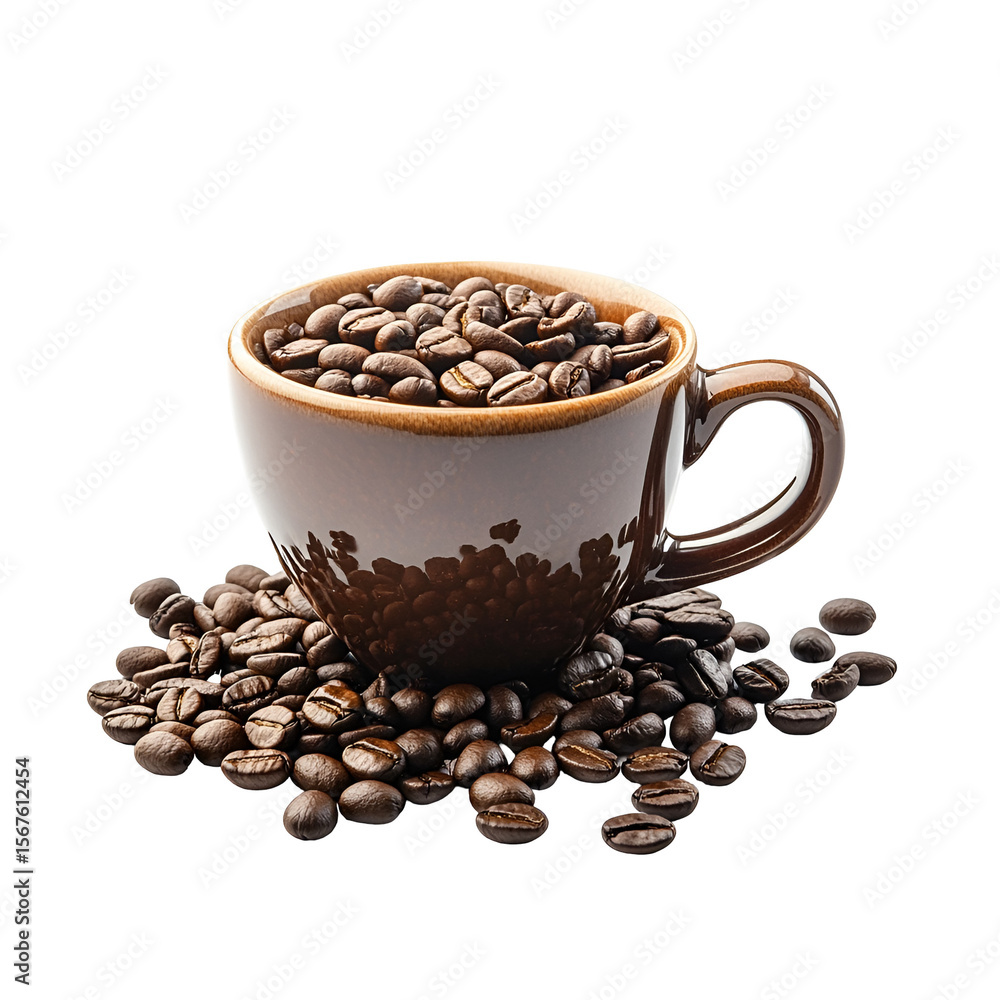 Fototapeta premium Brown coffee cup full of roasted beans dark background