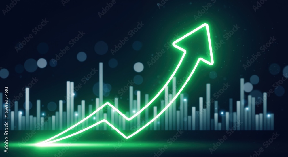 Naklejka premium Green neon arrow pointing upward over financial chart bars. Market growth and success concept. Investment banking, trading platforms, economic analysis