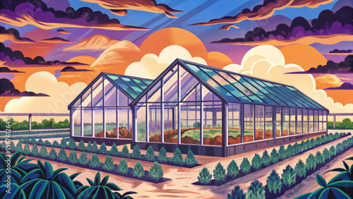 Greenhouse Farm with Glass Structures and Crops Inside cartoon vector Modern Sustainable Farming