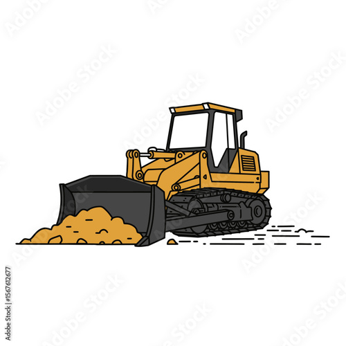 Yellow bulldozer pushing dirt, construction, heavy machinery, earthmoving equipment.