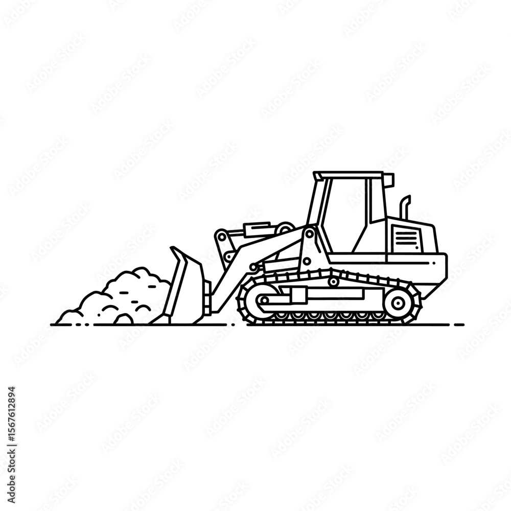 Naklejka premium Simple line drawing of a bulldozer scooping up dirt.