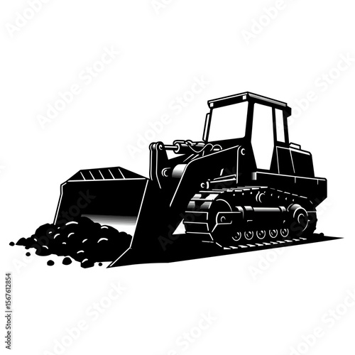 Silhouette of a bulldozer pushing a pile of earth on a white background.