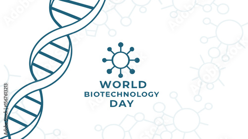 Modern minimalist World Biotechnology Day design featuring a DNA helix and abstract molecule illustrations; clean, professional style conveying scientific advancement and innovation in biotechnology.