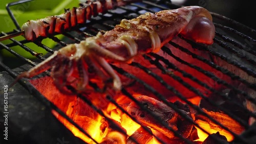 4K 60fps Pan Shot Grilled Squid Chiang Mai