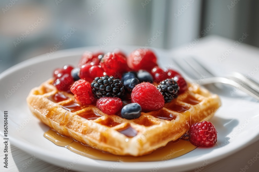 Delicious fresh berry topped waffle with syrup on white plate Delicious fresh berry topped waffle with syrup on white plate
