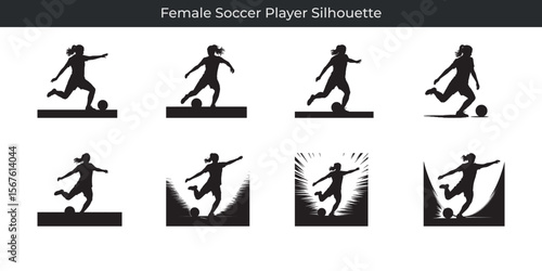 Dynamic silhouette illustrations of a female soccer player kicking the ball with various poses