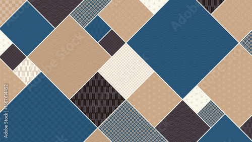 16:9の背景素材：日本の伝統的な柄で構成された青と黒と金色のジオメトリックパターン