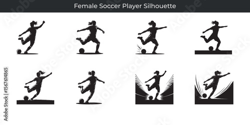 Various silhouettes of a dynamic female soccer player kicking the ball across the field