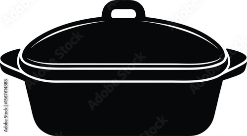 Black and white illustration of a covered oval casserole dish