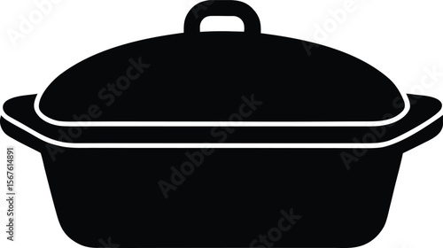 Black and white illustration of a covered casserole dish