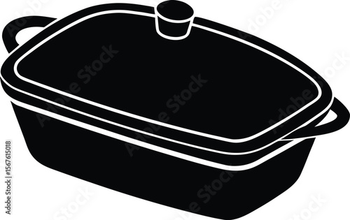 Black and white illustration of a covered casserole dish