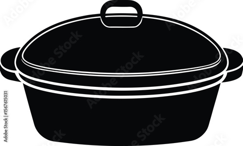 Black and white illustration of a covered oval roasting pan