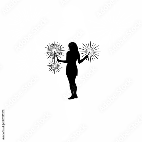 Silhouette of woman holding sparklers on white background