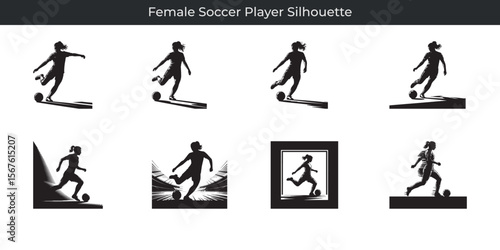 Silhouette representations of a female soccer player kicking a ball in dynamic poses