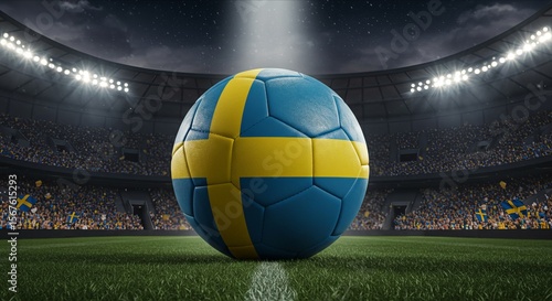 Sweden Flag on Soccer Ball on Field in the Stadium, Symbol of Football Competition and National Pride. International Football Match.