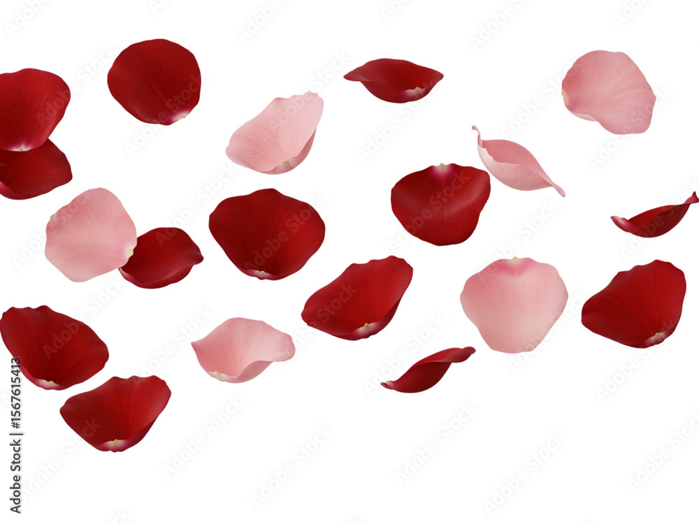 Fototapeta premium Scattered red and pink rose petals floating in air isolated on transparent background