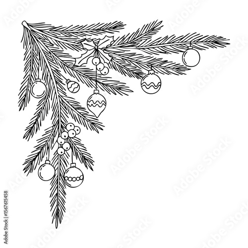 Festive pine branches with ornaments and holly berries in artful arrangement. Vector hand-drawn doodle illustration