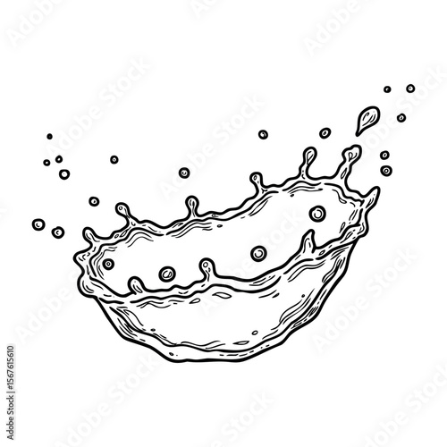 Hand-drawn milk splash in mid-air captured in detailed black and white illustration. Vector hand-drawn doodle illustration