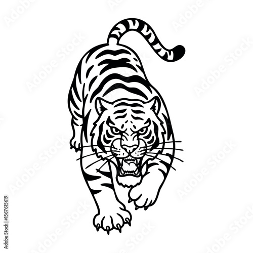 Fierce tiger illustration with stripes in mid-stride aggressive pose. Vector hand-drawn doodle illustration