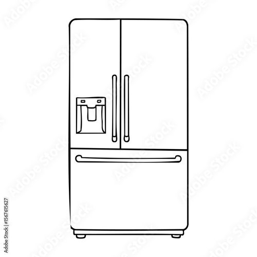 Modern double-door refrigerator with water dispenser line art illustration. Vector hand-drawn doodle illustration