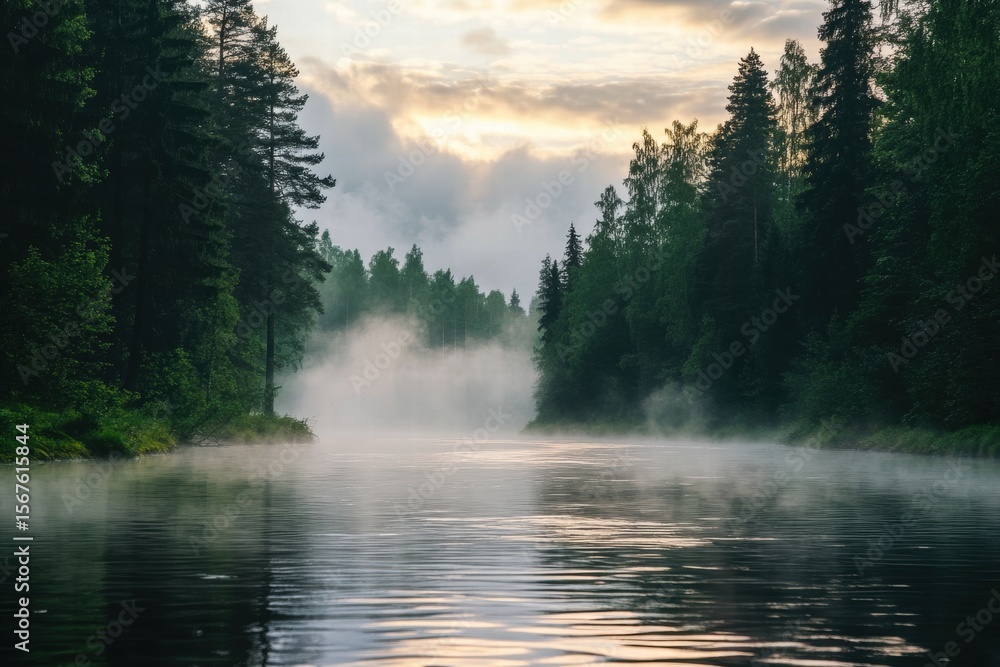 Fototapeta premium Morning haze over still forest river